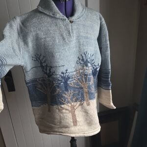 94% Wool Susan Bristol Blue and Cream Knit Sweater